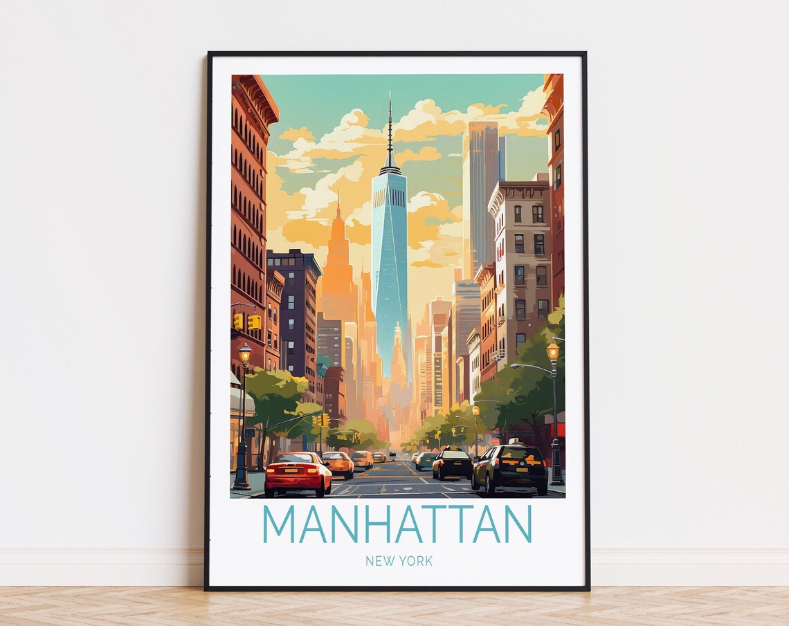 Manhattan New York Street Skyline Sunset Vintage Travel Poster