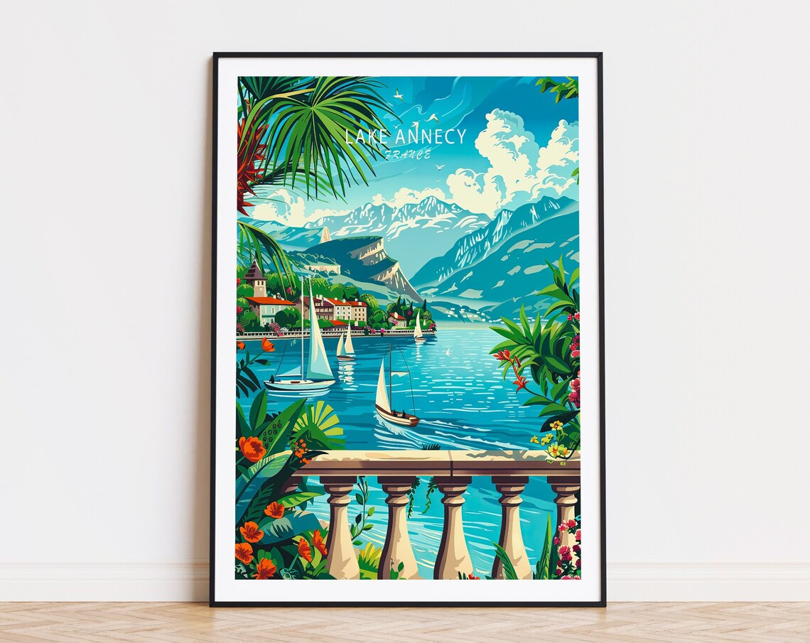 Lake Annecy France Sailboats Overlook Terrace Alps Travel Poster