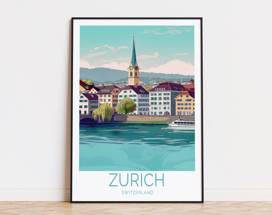 Zurich Switzerland Old Town River Church Tower Vintage Travel Poster
