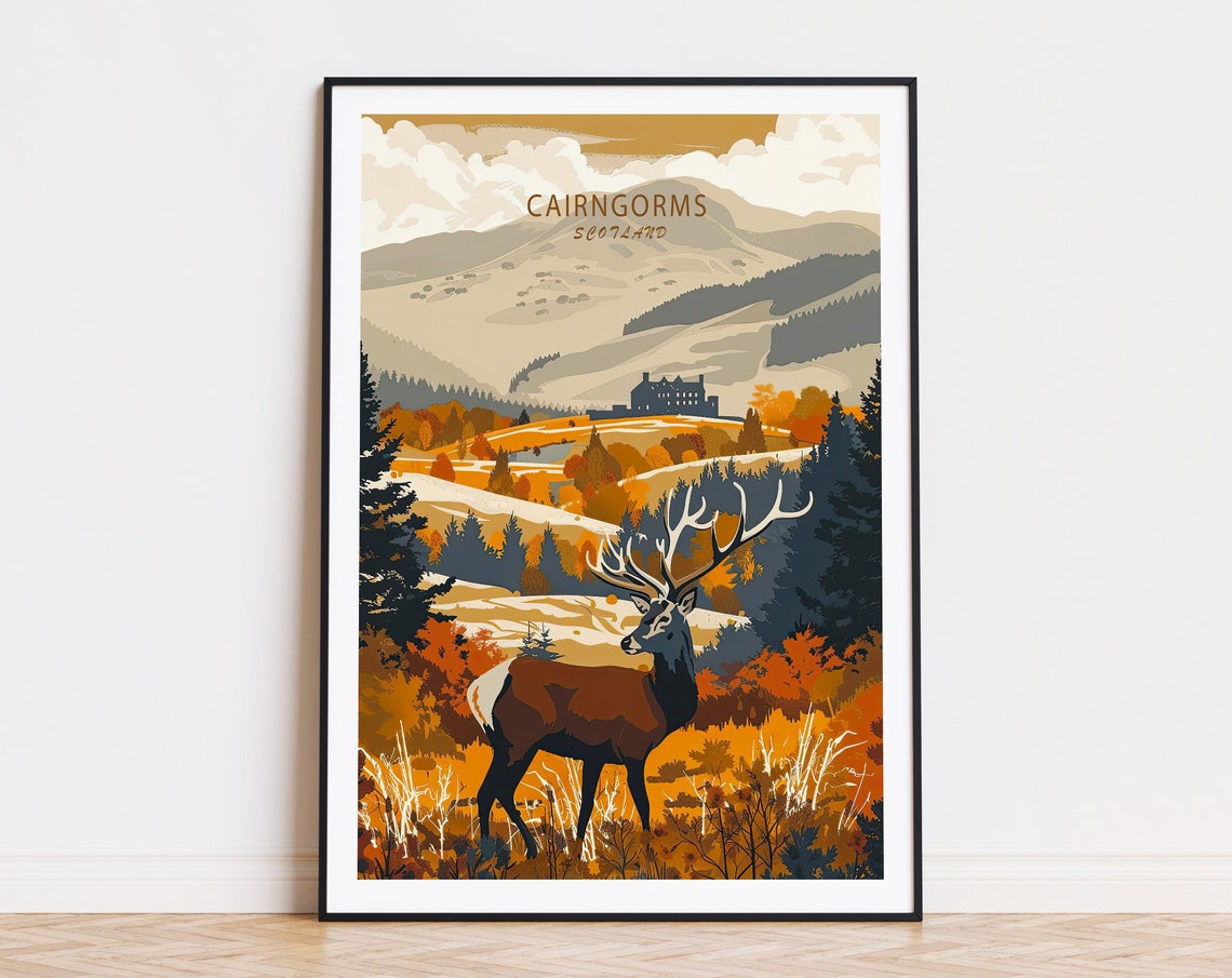 Cairngorms Scotland Red Deer With Highland Lodge Travel Poster