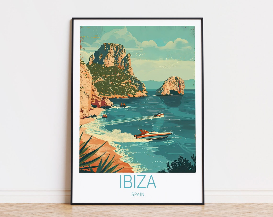 Ibiza Spain Rocky Coast Speedboats Retro Vintage Travel Poster