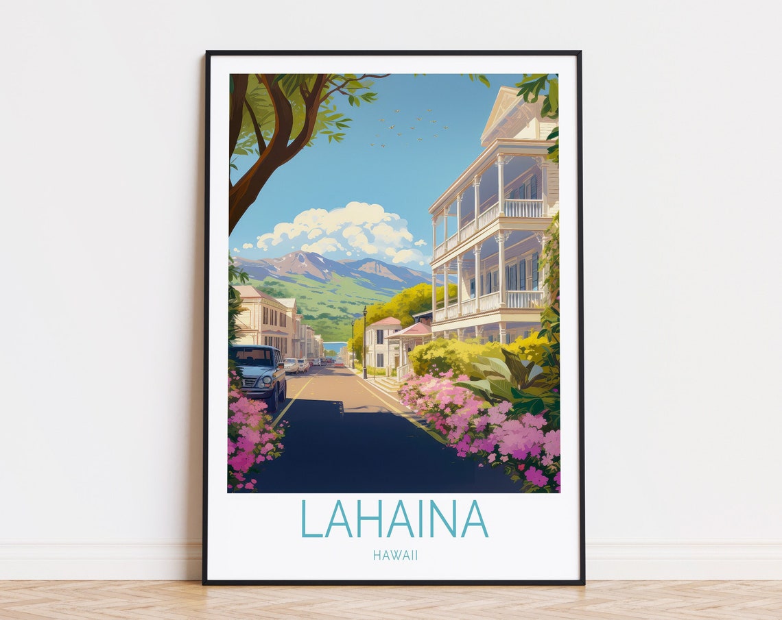 Lahaina Hawaii Flower Lined Historic Street Vintage Travel Poster