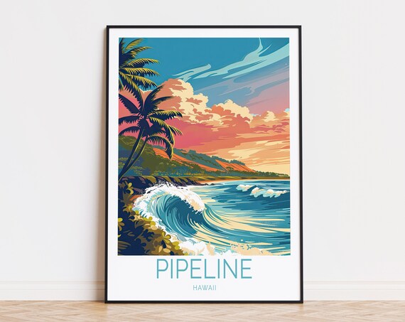 Pipeline Hawaii Sunset Wave Palm Trees Tropical Travel Poster