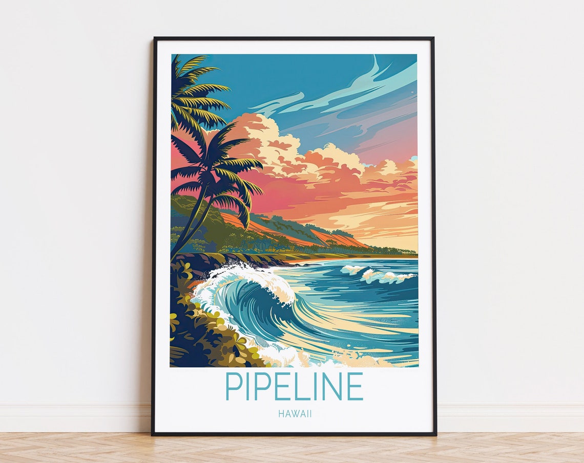 Pipeline Hawaii Sunset Wave Palm Trees Tropical Travel Poster