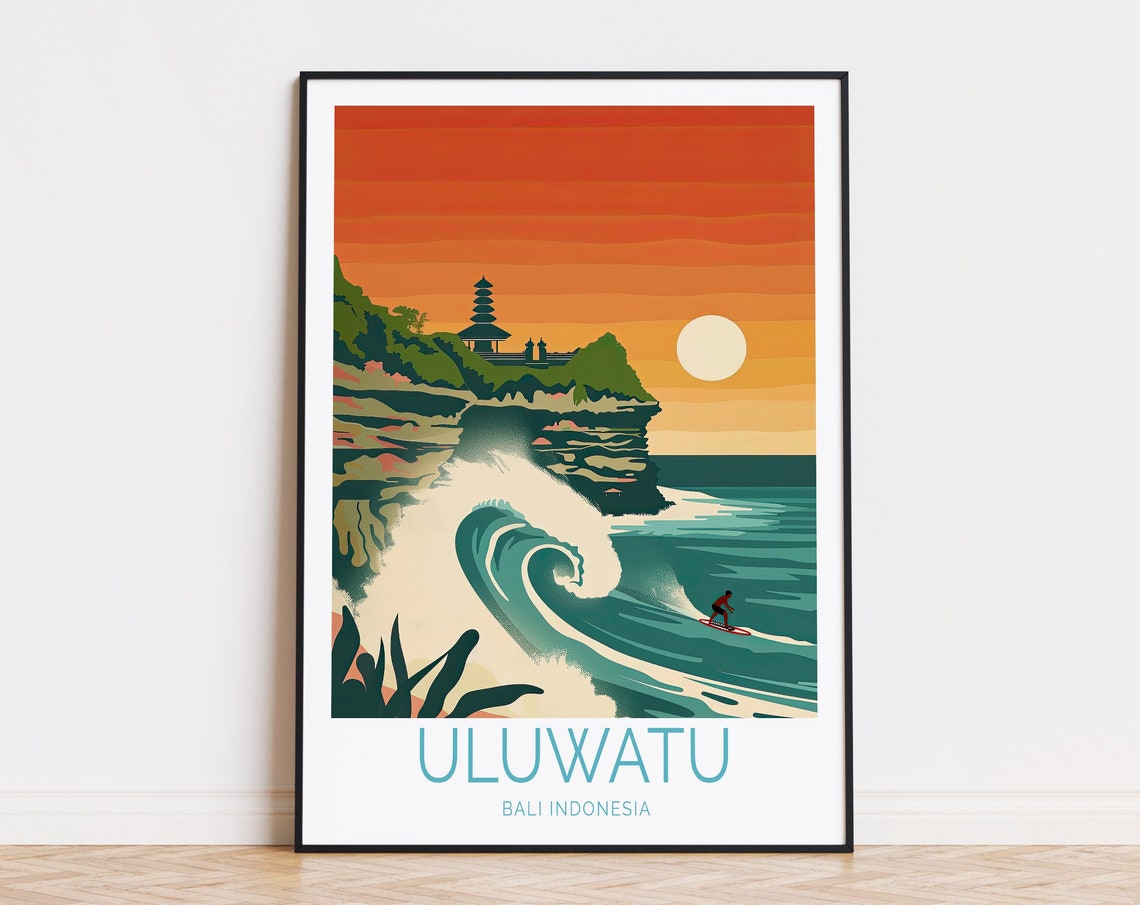 Uluwatu Bali Temple Cliff Sunset Surf Wave Retro Travel Poster