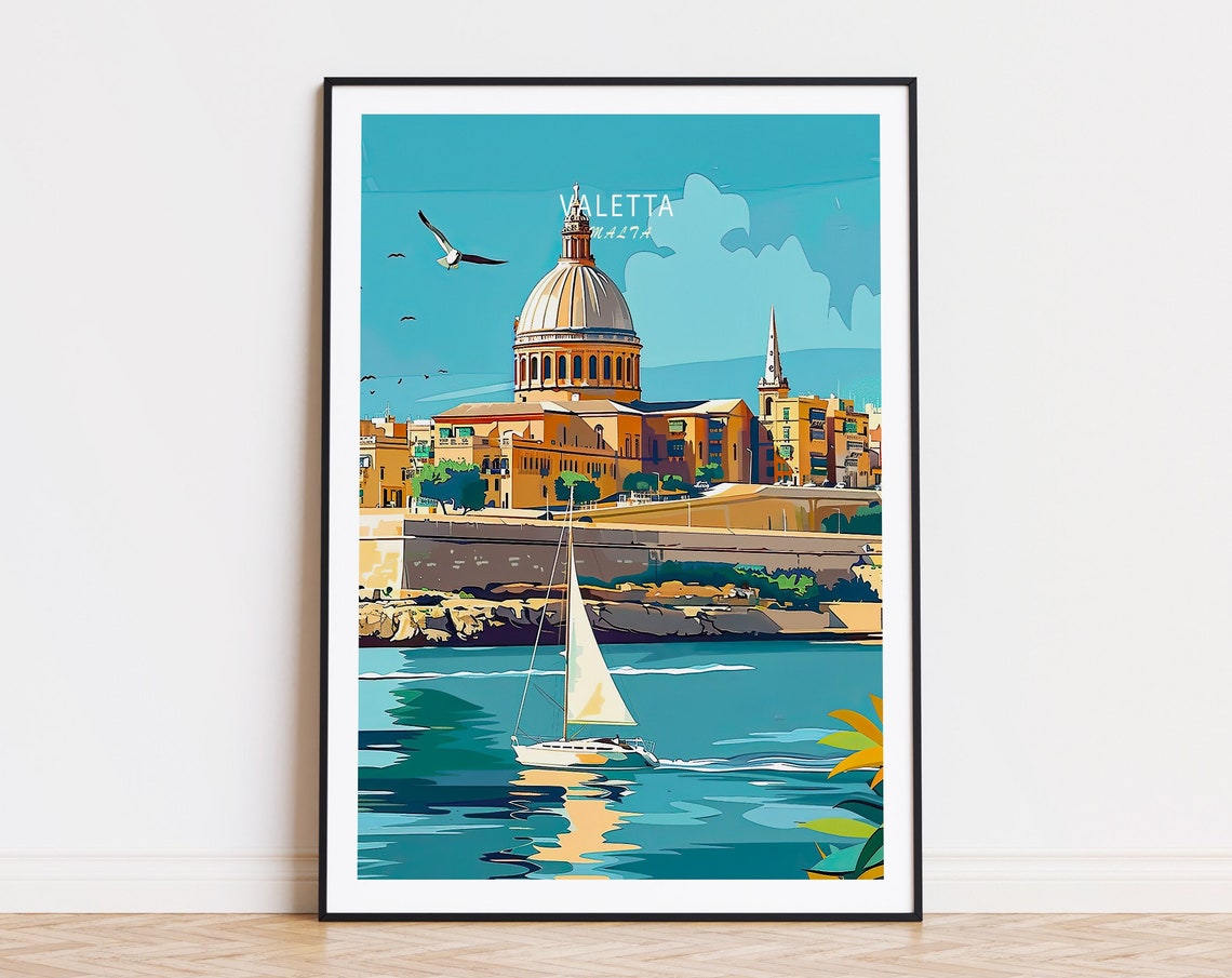 Valetta Malta Grand Harbour Dome Bright Seagull Travel Poster