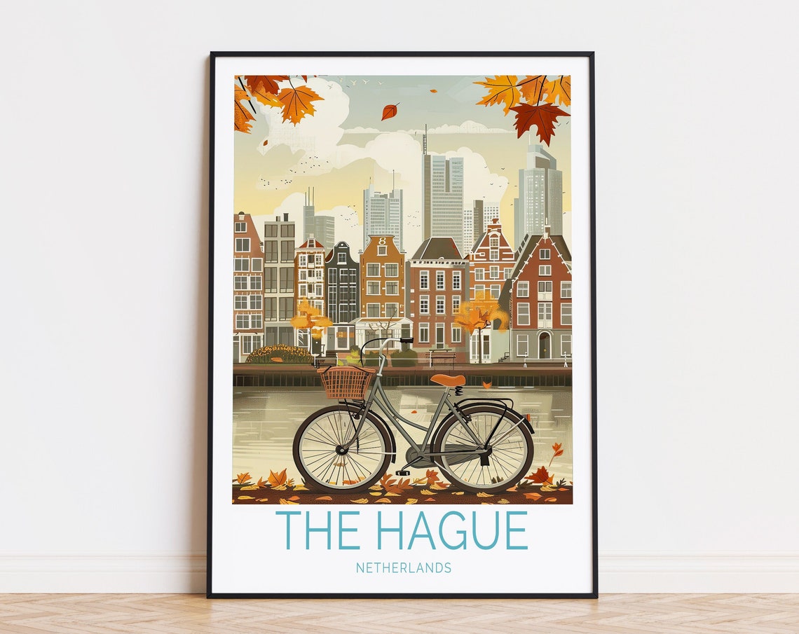 The Hague Netherlands Bicycle Autumn Canal City Travel Poster
