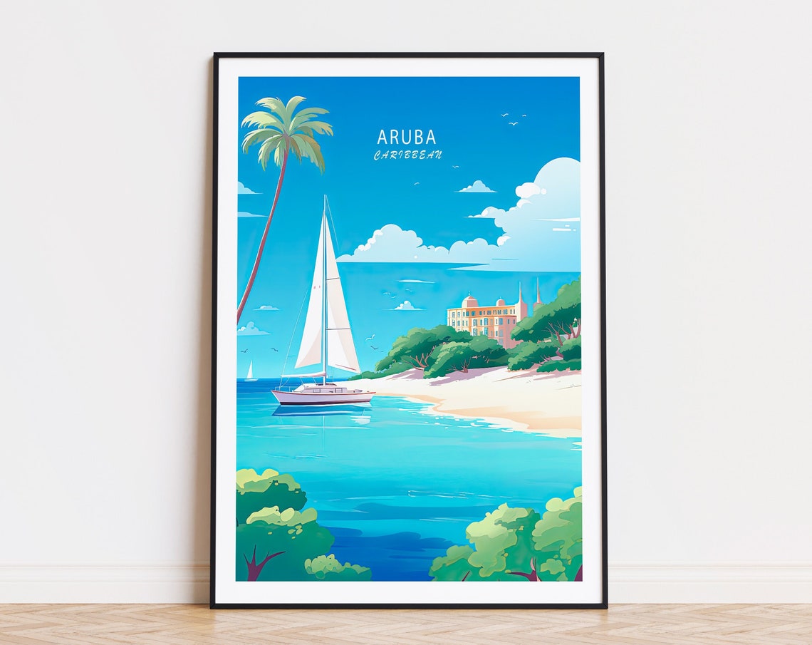 Aruba Caribbean Sailboat Beach Palm Tree Coastline Escape Poster