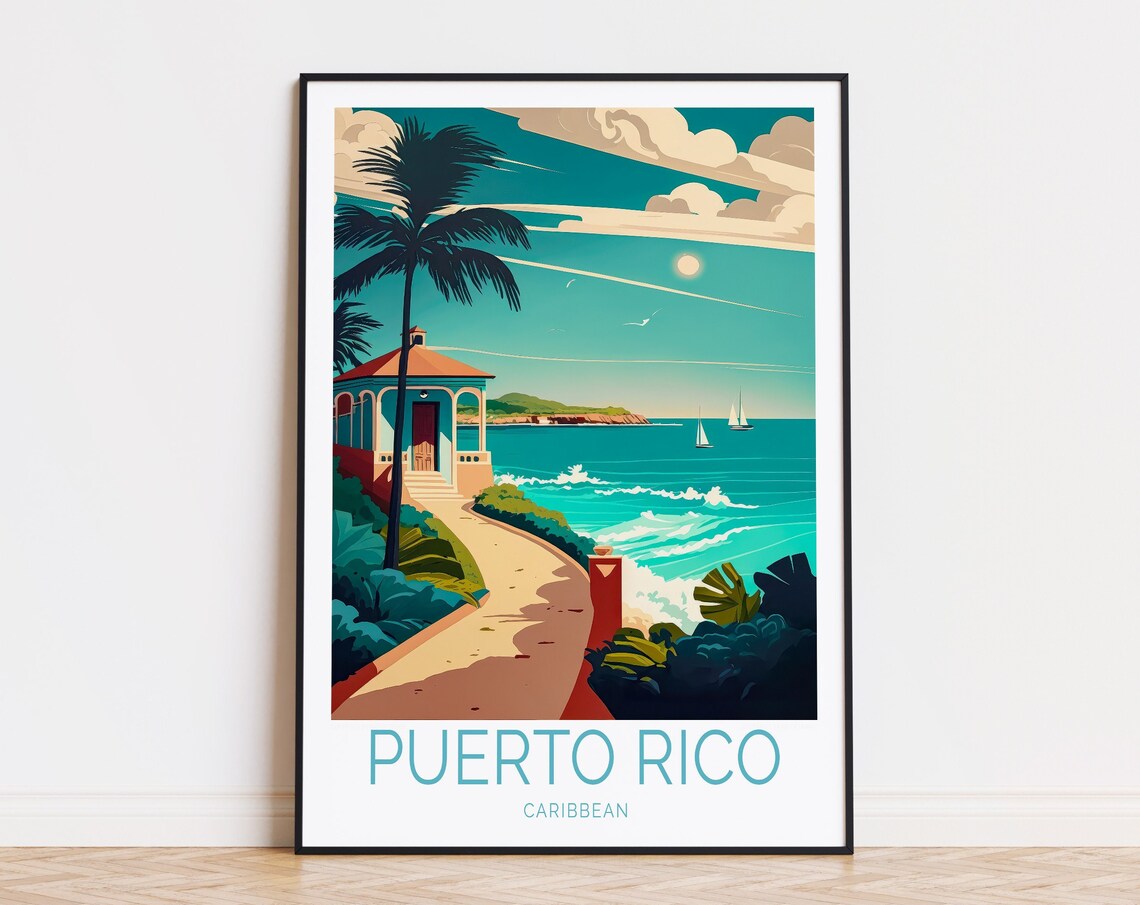 Puerto Rico Caribbean Beach Gazebo Sailboats Vintage Travel Poster