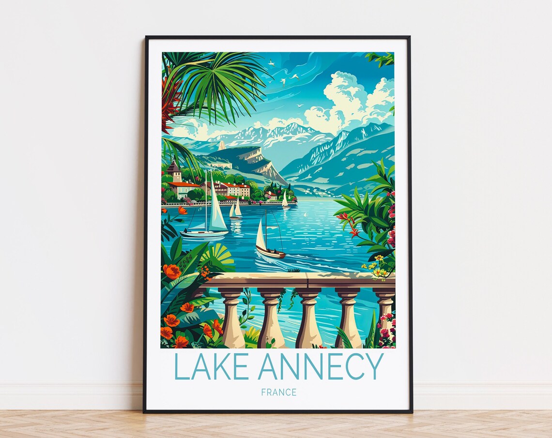 Lake Annecy France Sailboats Alpine Mountains Terrace Travel Poster