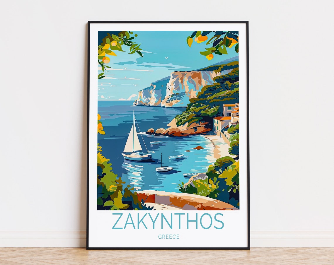 Zakynthos Greece Hidden Cove Sailboats And Lemon Travel Poster