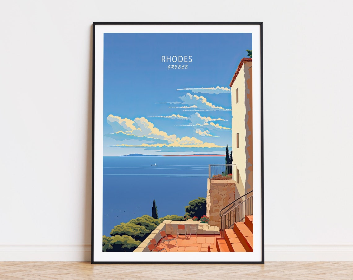 Rhodes Greece Terrace View Over The Aegean Sea Travel Poster