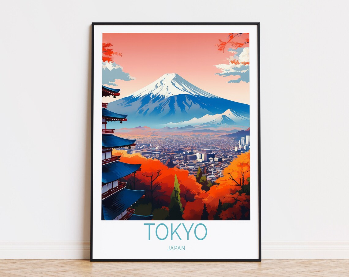 Tokyo Japan Mount Fuji Pagoda City Autumn Sunset Travel Poster