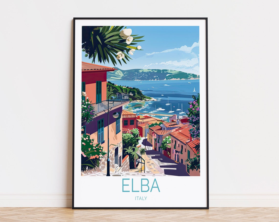 Elba Italy Pastel Coastal Town Harbor Boats Island View Poster