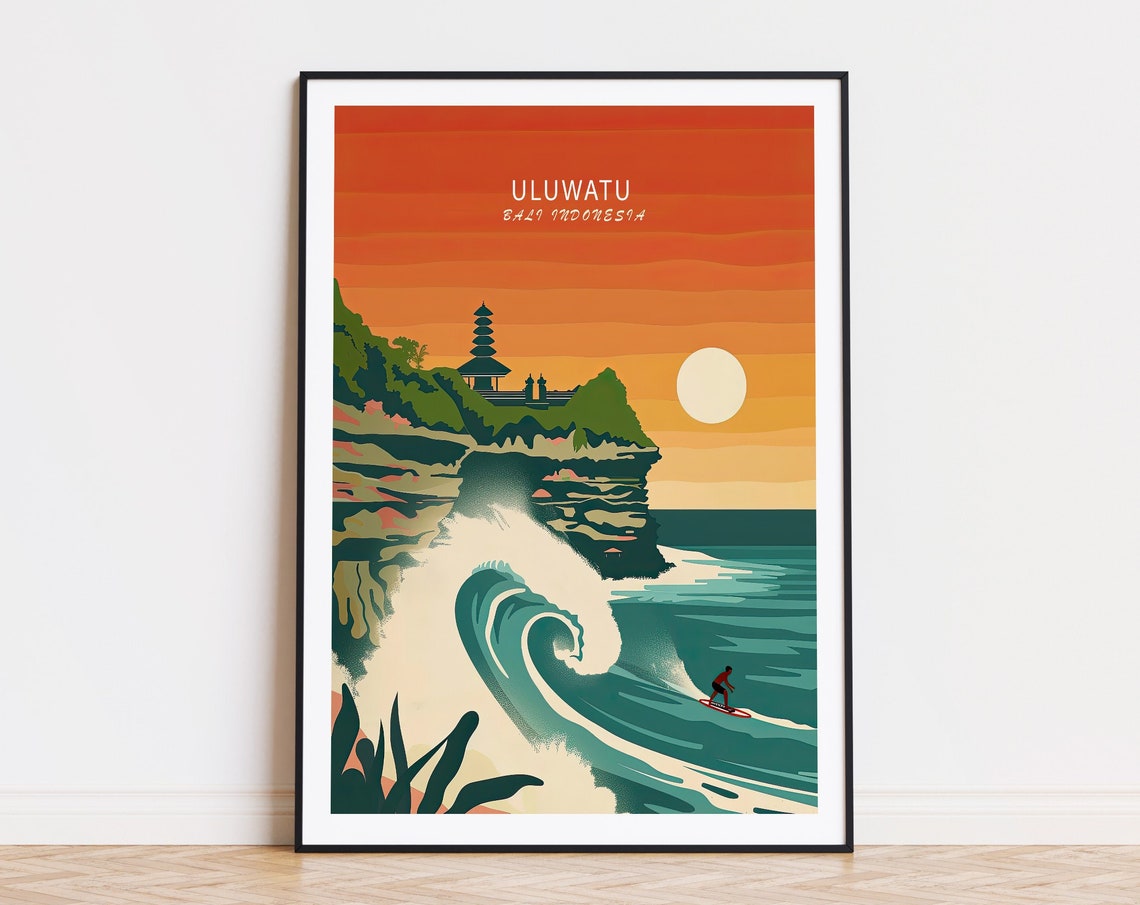 Uluwatu Bali Indonesia Temple Cliff Sunset Surf Travel Poster