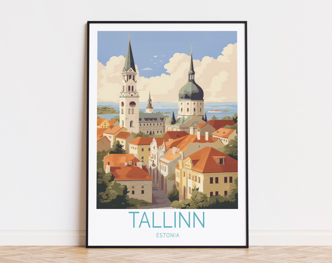 Tallinn Estonia Old Town Church Spires Vintage Travel Poster