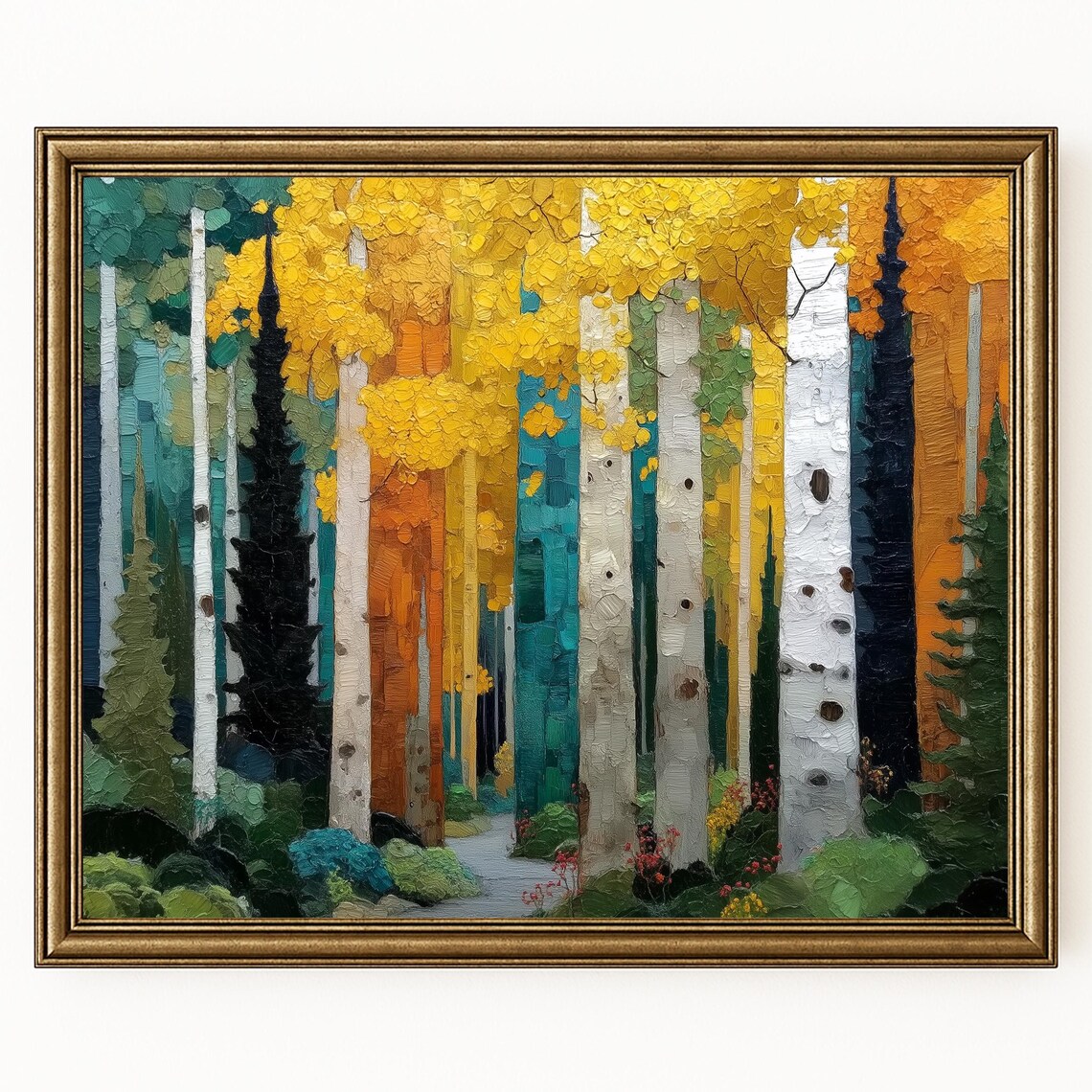 Autumn Aspen Grove Impasto Painting Golden Birch Trees Fall Art Poster