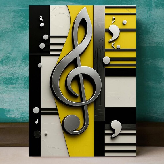 Modern Abstract Music Notes Poster Midcentury Wall Art Bold Geometric Shapes Musical Symbols Yellow Silver Artwork Jazz Inspired Decor