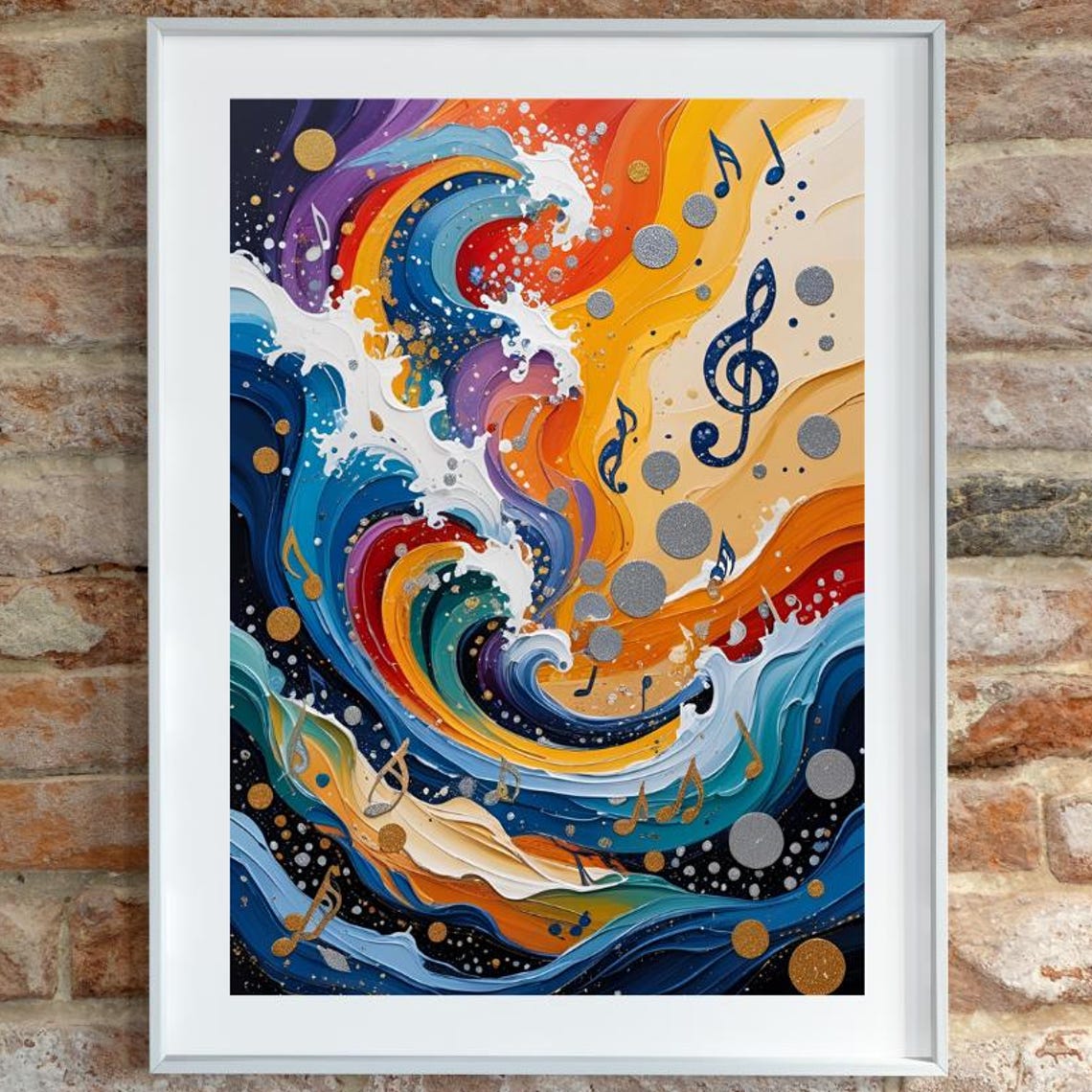 Colourful Oil Paint Wave Burst with Music Notes Abstract Poster