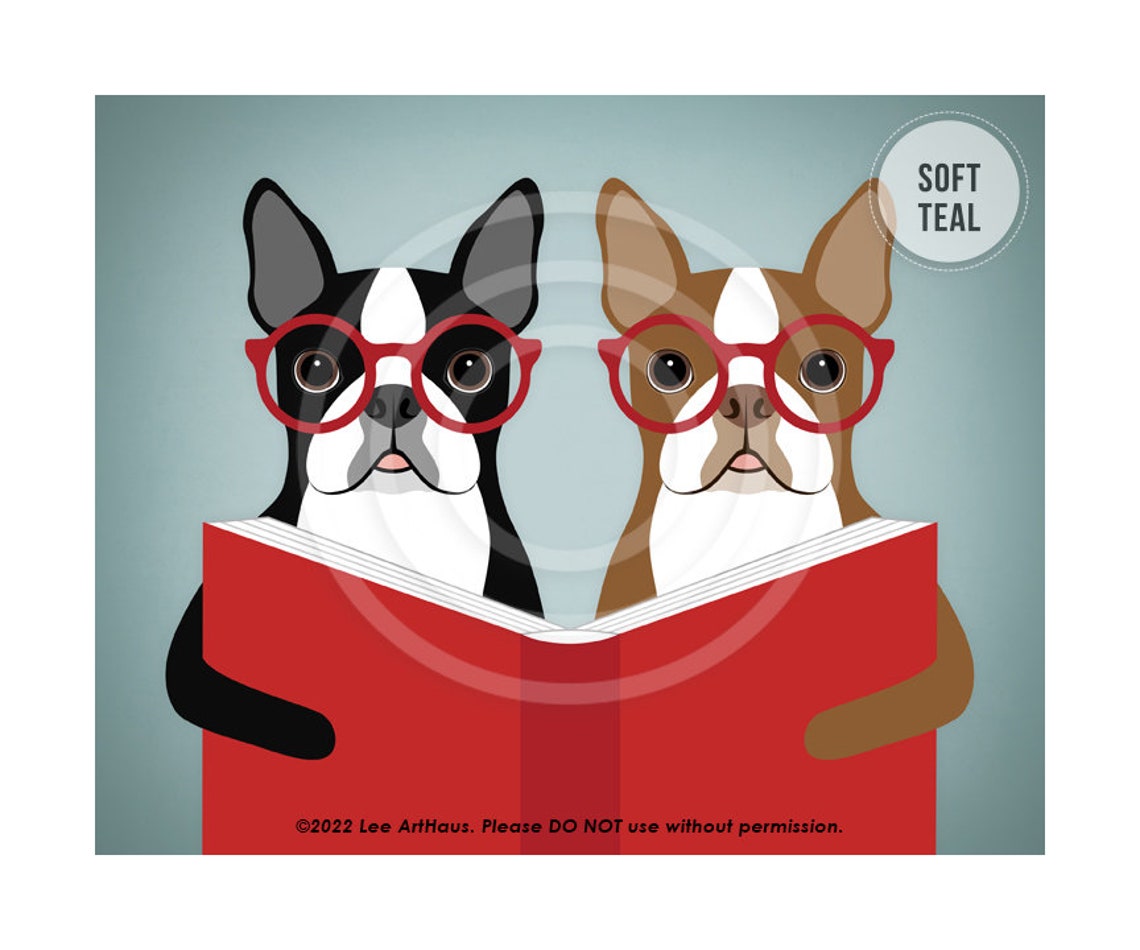 Two Boston Terriers Wearing Red Glasses Reading a Book Poster - Image 3