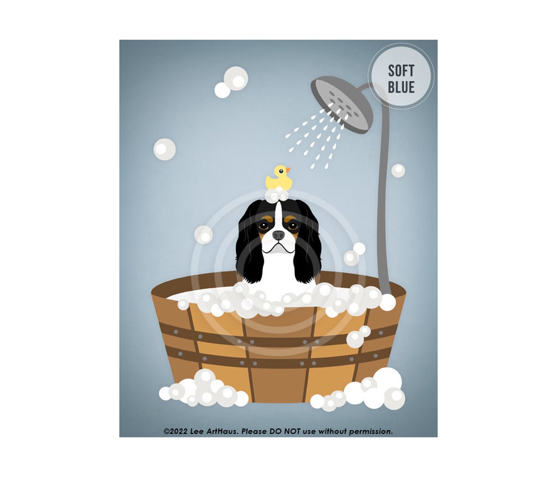 Tricolor Cavalier Spaniel In Wooden Tub Shower Bath With Duck Poster - Image 2