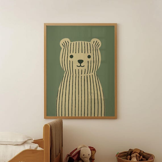 Sage Green Bear Art Print, Whimsical Nursery Decor