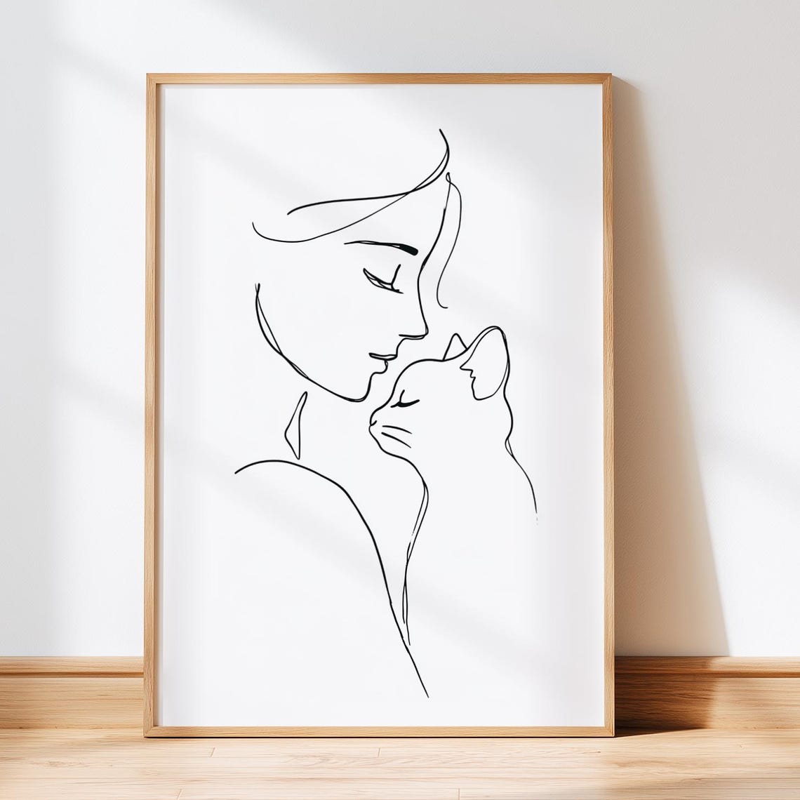 Tender Woman and Cat Line Art Minimalist Bond Decor Love Poster