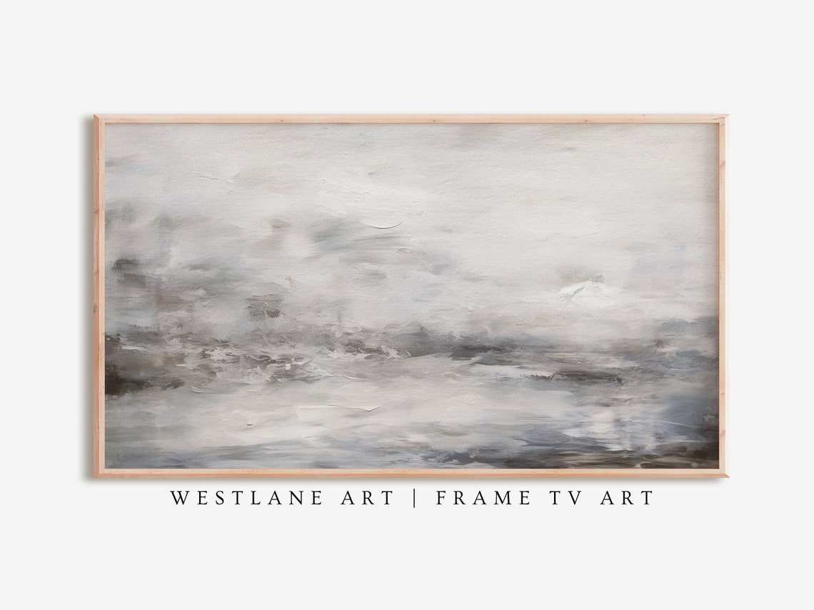 Modern Muted White Coastal Abstract Seascape Painting Wall Art