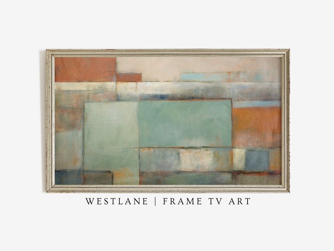 Mid Century Abstract Teal Burnt Orange Geometric Painting Wall Art - Image 3