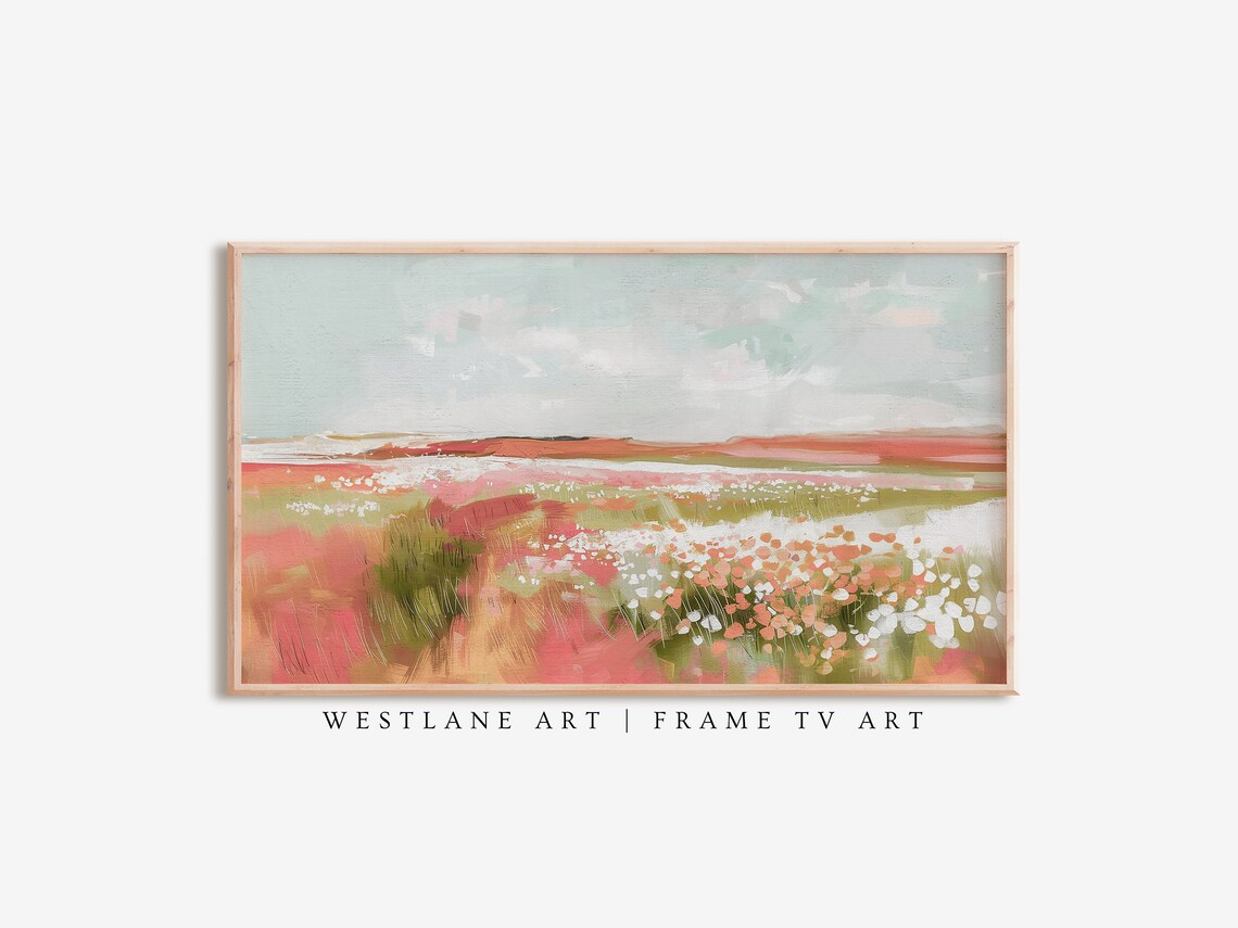 Abstract Pink Wildflower Meadow Painting Coral Floral Field Art Print