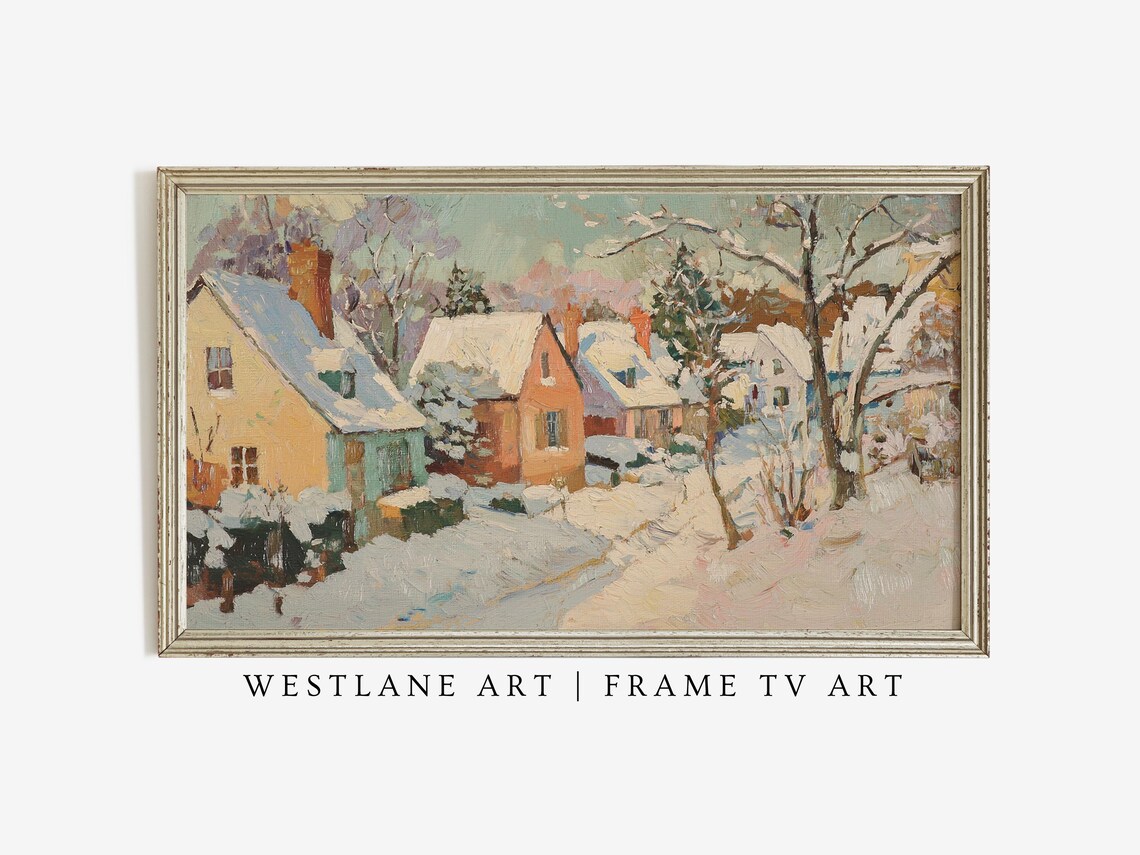 Snowy Village Painting Impressionist Winter Cottages in Snow Poster - Image 3