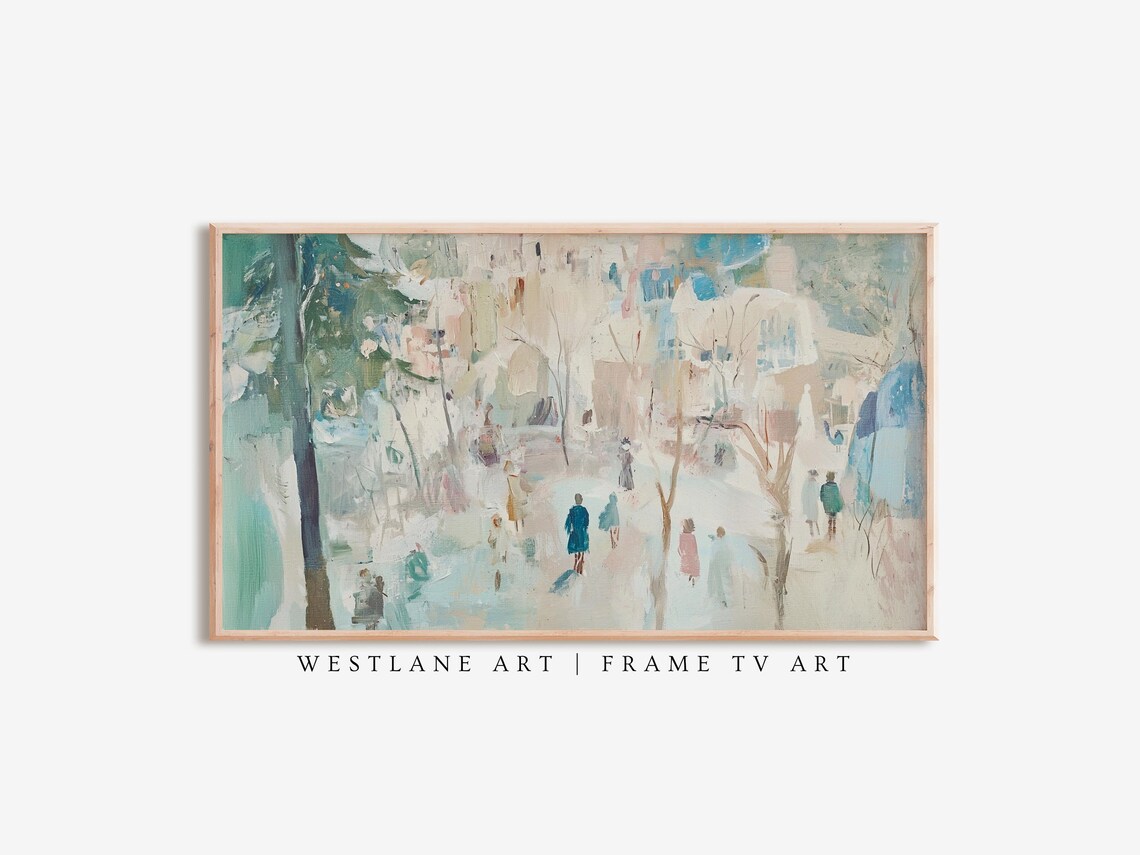 Abstract Pastel Christmas Scene Winter Figures in Snowy Square Print