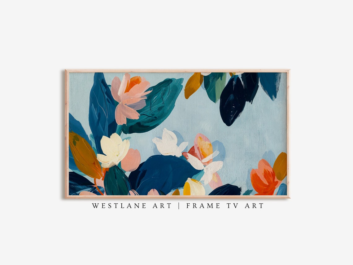 Modern Blue Botanical Abstract Coral Flowers Indigo Leaves Art Print