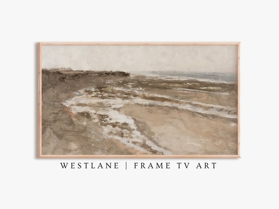 Vintage Beach Painting Waves Tan Sand Hazy Neutral Shore Impressionist Wall Art Poster