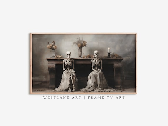 Two Skeletons By Vintage Fireplace Moody Dark Academia Wall Art