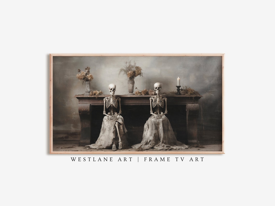 Two Skeletons By Vintage Fireplace Moody Dark Academia Wall Art