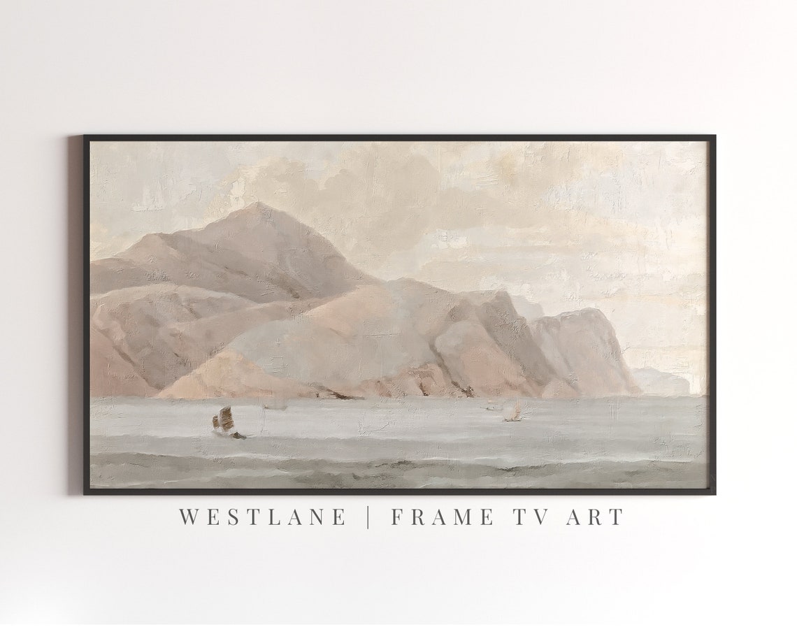 Pale Coastal Mountains Grey Sea Sailboats Muted Seascape Wall Art - Image 2