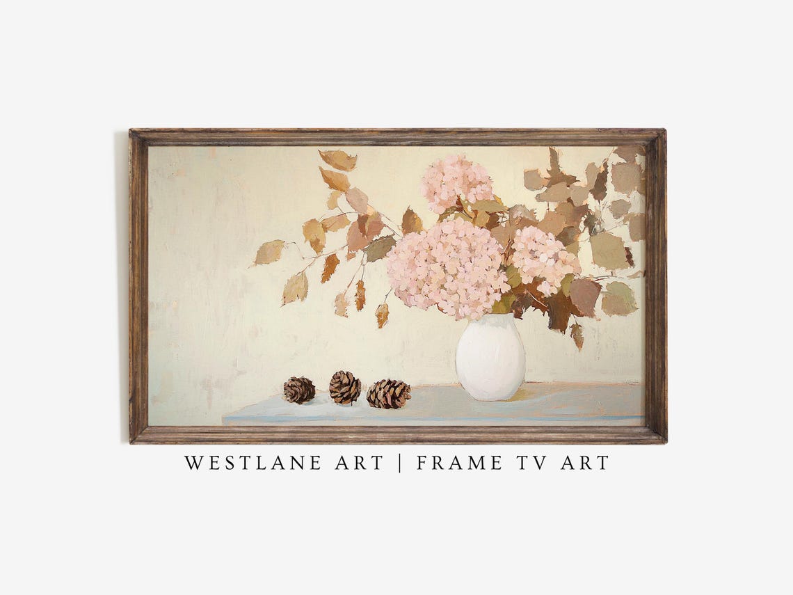 Autumn Hydrangea Still Life Painting Pinecones in White Vase Print