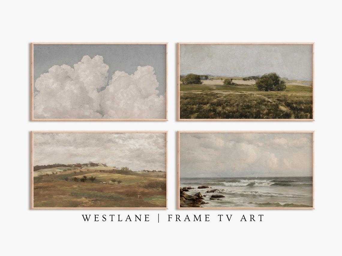 Farmhouse Landscape Clouds Coastal Paintings Four Piece Art Set Poster