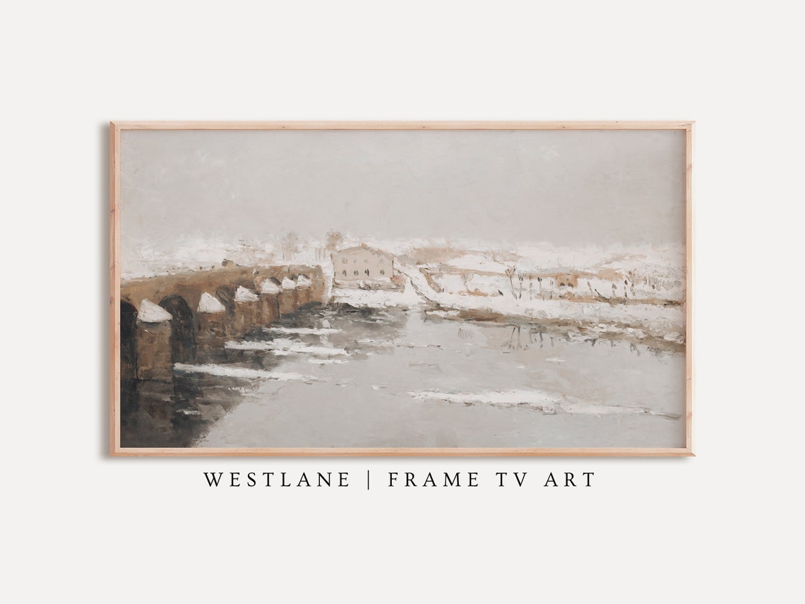 Vintage Stone Bridge Over Snowy River Winter Landscape Poster