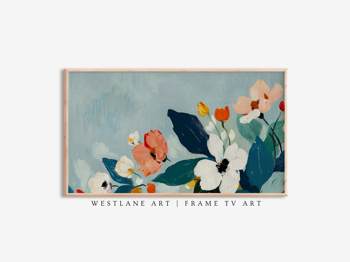 Modern Blue Abstract Floral Painting Poppies on Dusty Blue Wall Art
