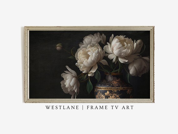 Dark And Moody Painting Peony Flowers Frame Tv Art Vintage Decor Tv Art Tv330