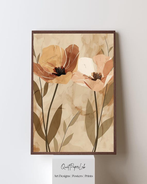 Modern Floral Wall Art Print Poster Abstract Poppy Duo Neutral Beige Boho Botanical