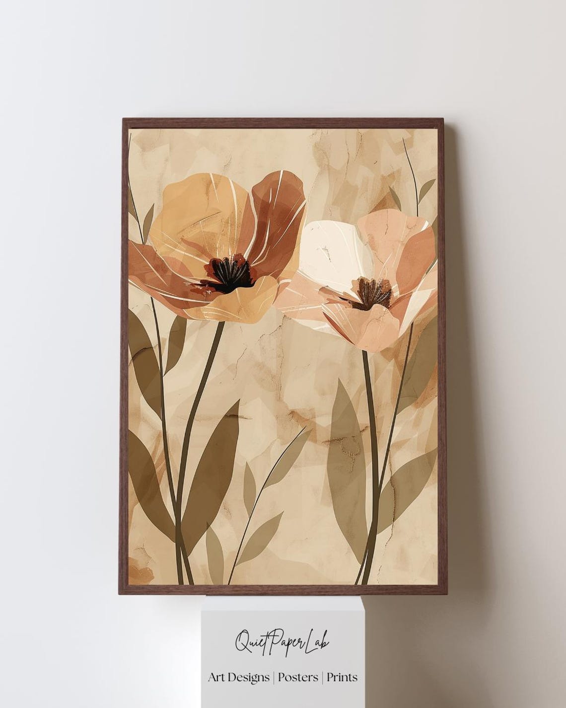 Modern Floral Wall Art Print Poster Abstract Poppy Duo Neutral Beige Boho Botanical