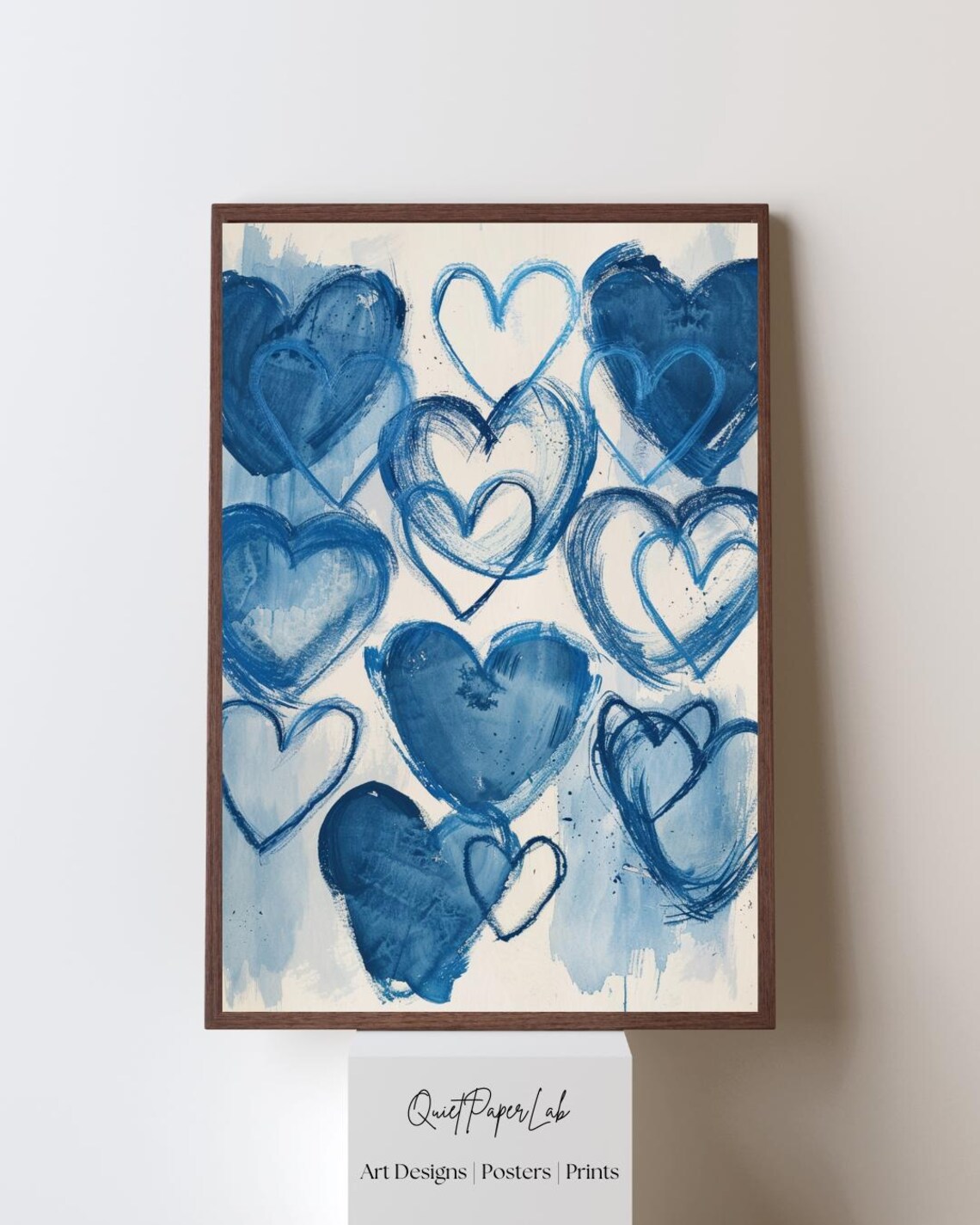 Hand-Painted Blue Hearts Minimalist Watercolor Love Decor Poster