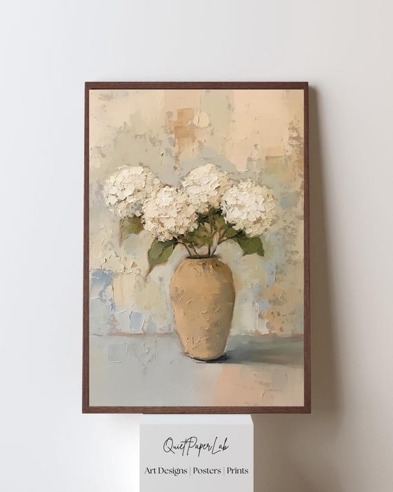 Hydrangea Vase Wall Art Print Poster Neutral Oilstyle Floral Botanical Unframed