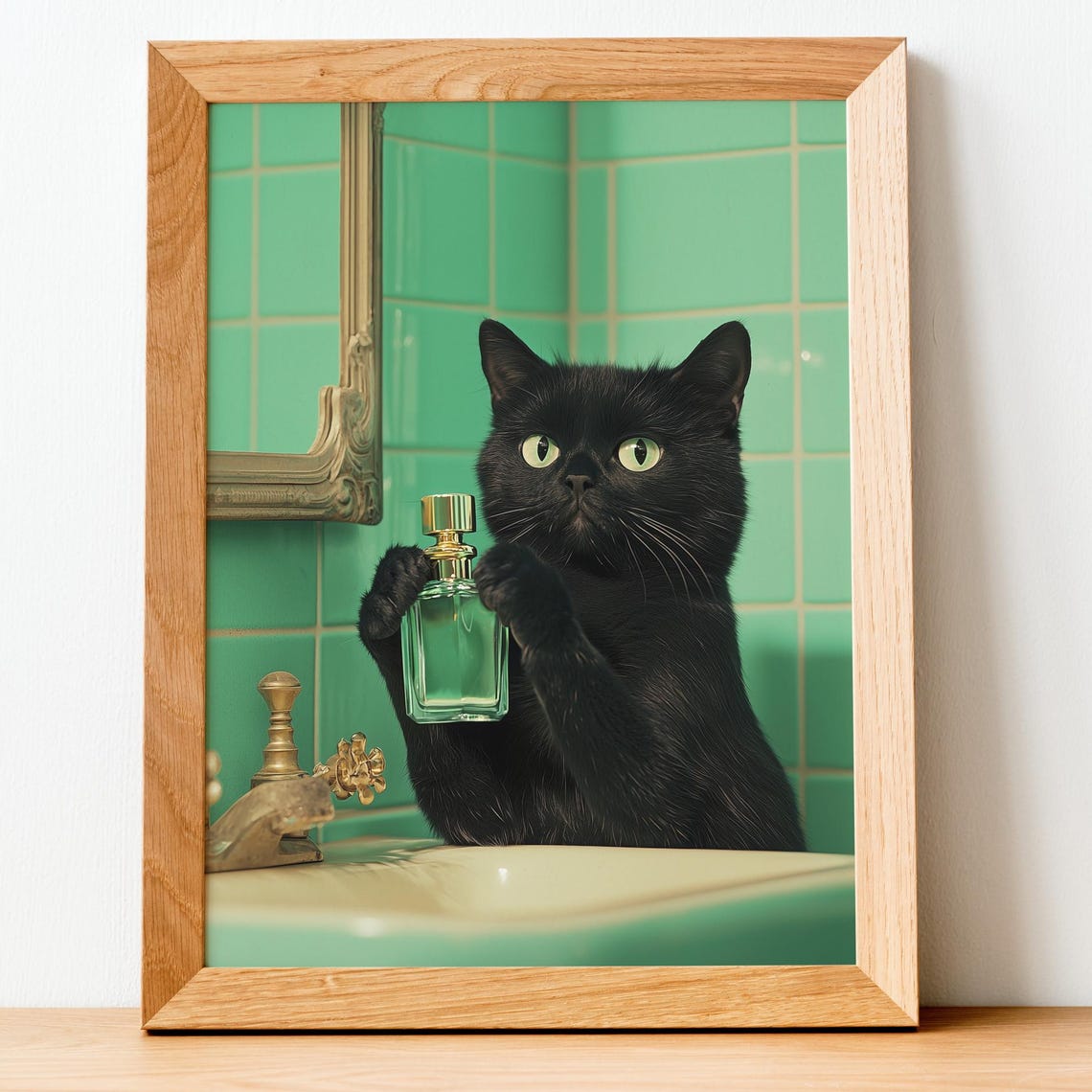 Funny Black Cat Wall Art Holding Perfume Bottle Retro Mint Bathroom Poster Vintage Print Humorous Decor