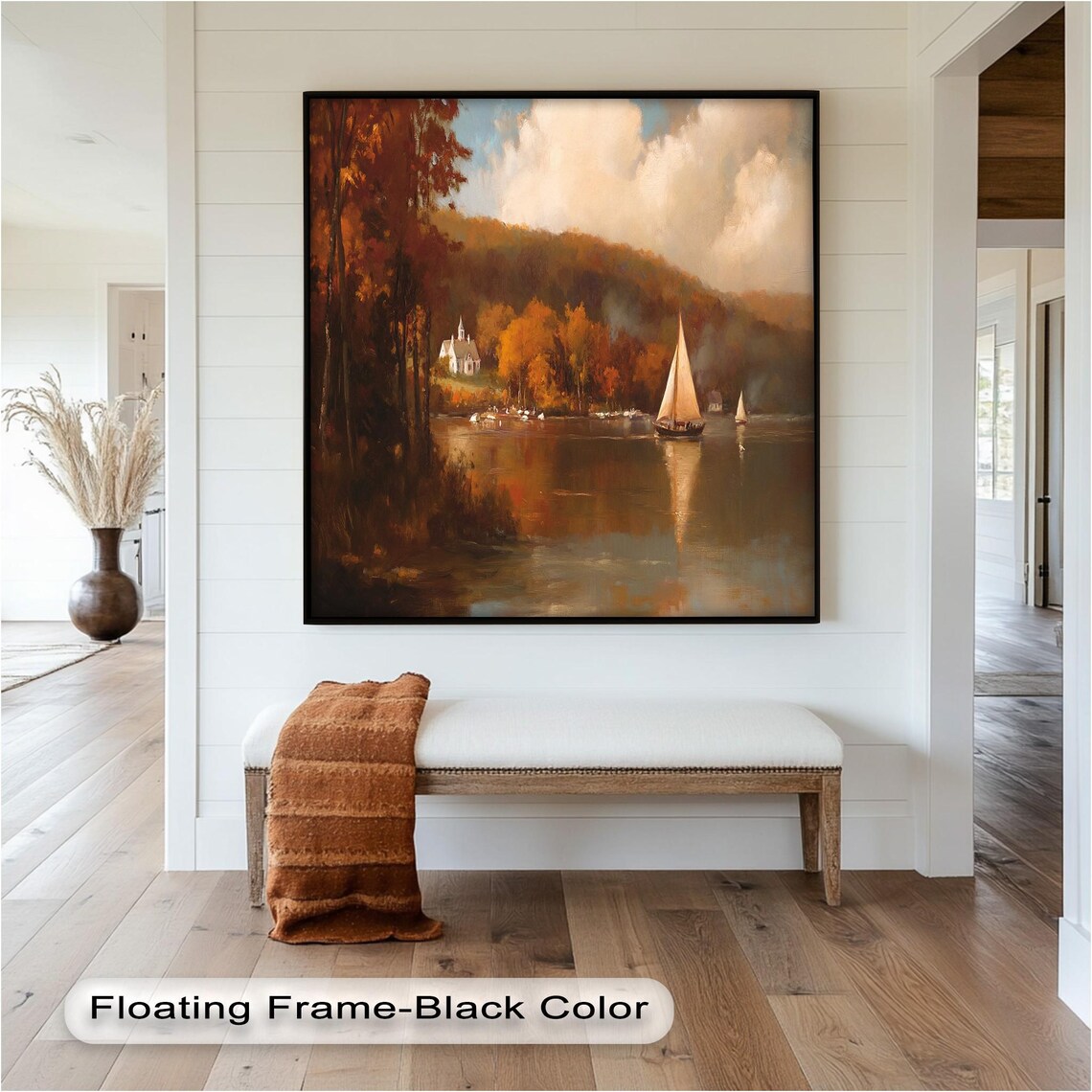 Autumn Lake Sailboat, Tranquil Nature Decor