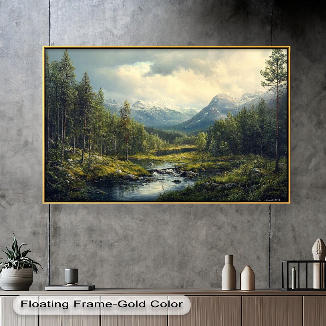 Mountain Forest, Serene River Landscape Art Print - Image 3