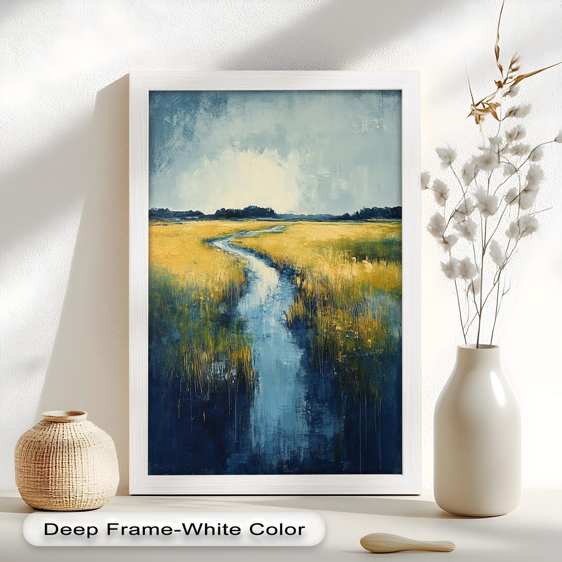 Golden Field, Serene River Landscape Art Print - Image 3